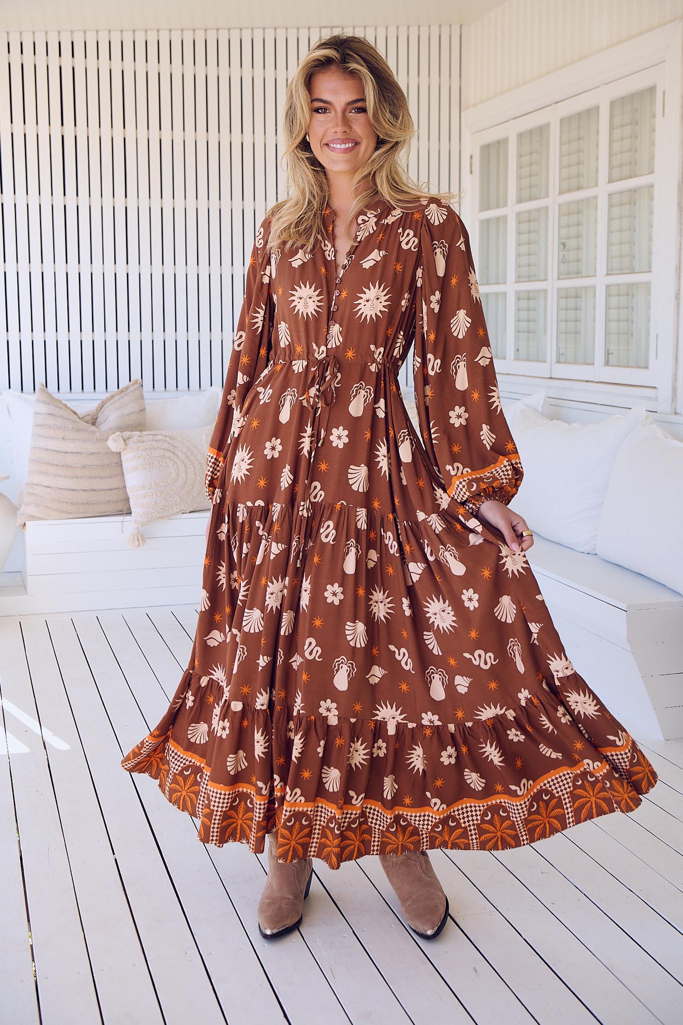 Maxikleid Damen mit Bindeband und Allovermuster - Blossom Hair & Fashion