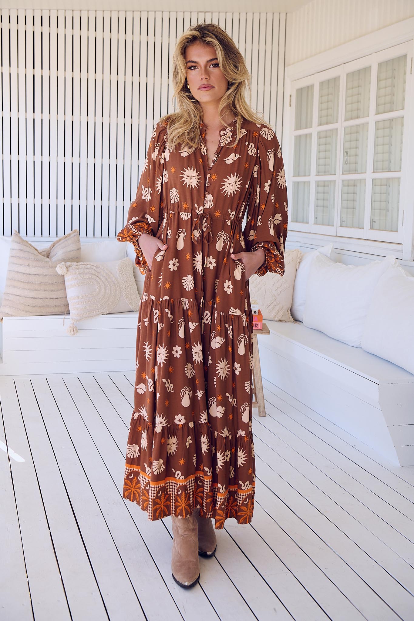 Maxikleid Damen mit Bindeband und Allovermuster - Blossom Hair & Fashion