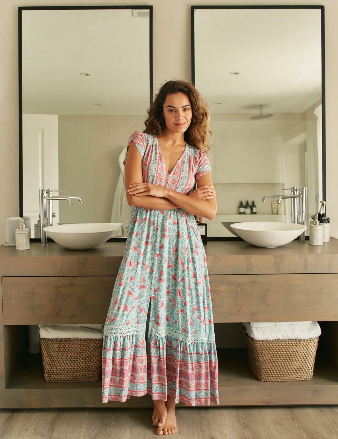 Maxikleid in Mint mit Blumenprint und V - Ausschnitt - Blossom Hair & Fashion
