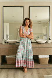 Maxikleid in Mint mit Blumenprint und V - Ausschnitt - Blossom Hair & Fashion