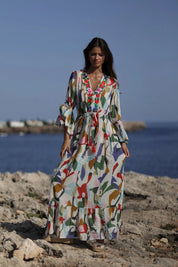 Maxikleid mit buntem Print und floraler Stickerei - Blossom Hair & Fashion