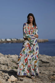 Maxikleid mit buntem Print und floraler Stickerei - Blossom Hair & Fashion