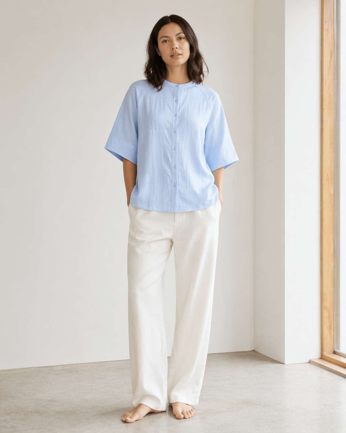 Oversize Bluse mit Stehkragen Hellblau, Grün oder Rosa - Blossom Hair & Fashion