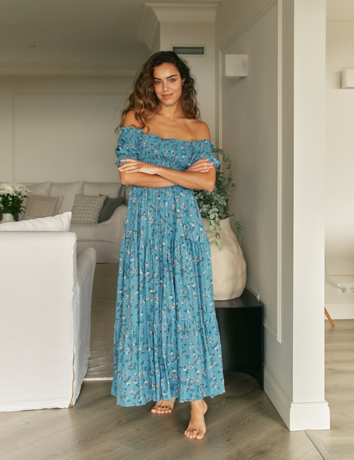 Schulterfreies Boho - Maxikleid mit Blumendruck - Blossom Hair & Fashion