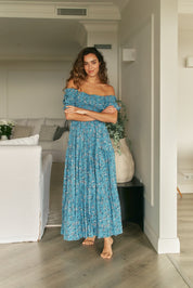 Schulterfreies Boho - Maxikleid mit Blumendruck - Blossom Hair & Fashion