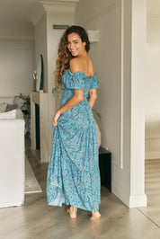 Schulterfreies Boho - Maxikleid mit Blumendruck - Blossom Hair & Fashion