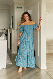 Schulterfreies Boho - Maxikleid mit Blumendruck - Blossom Hair & Fashion