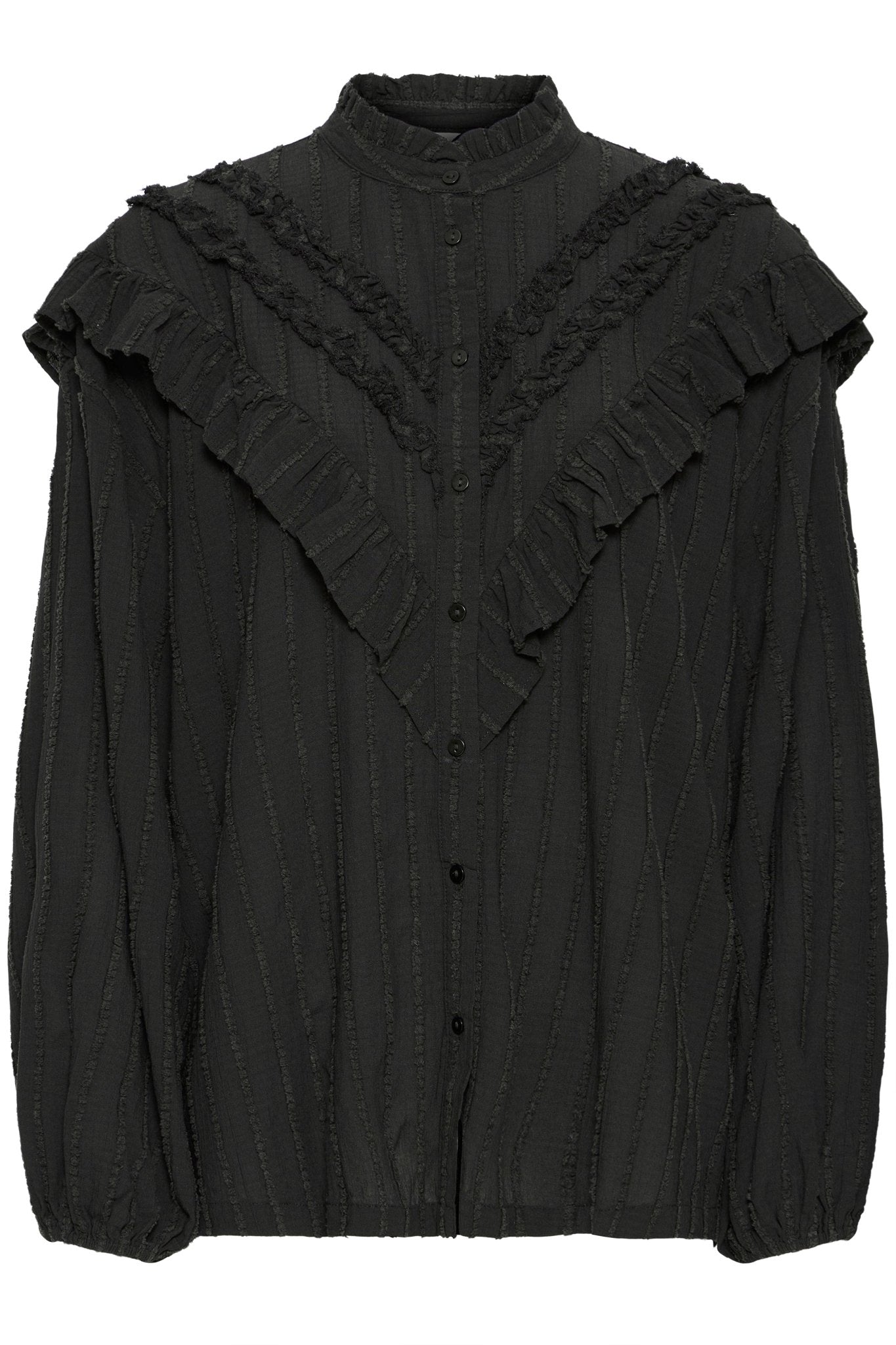 Schwarze Rüschenbluse mit Struktur - Blossom Hair & Fashion