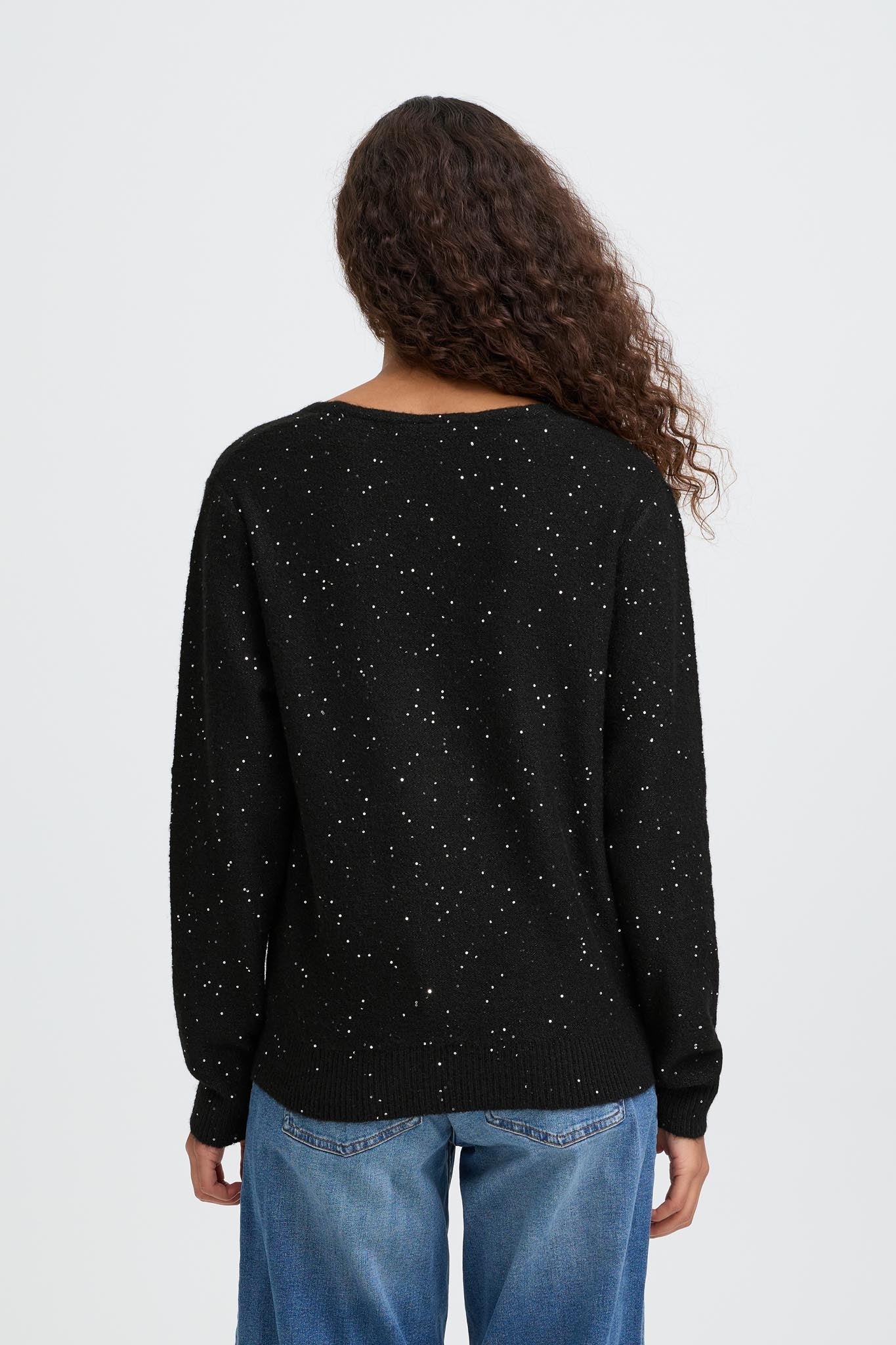 Schwarzer Glitzerpullover mit V - Ausschnitt - Blossom Hair & Fashion