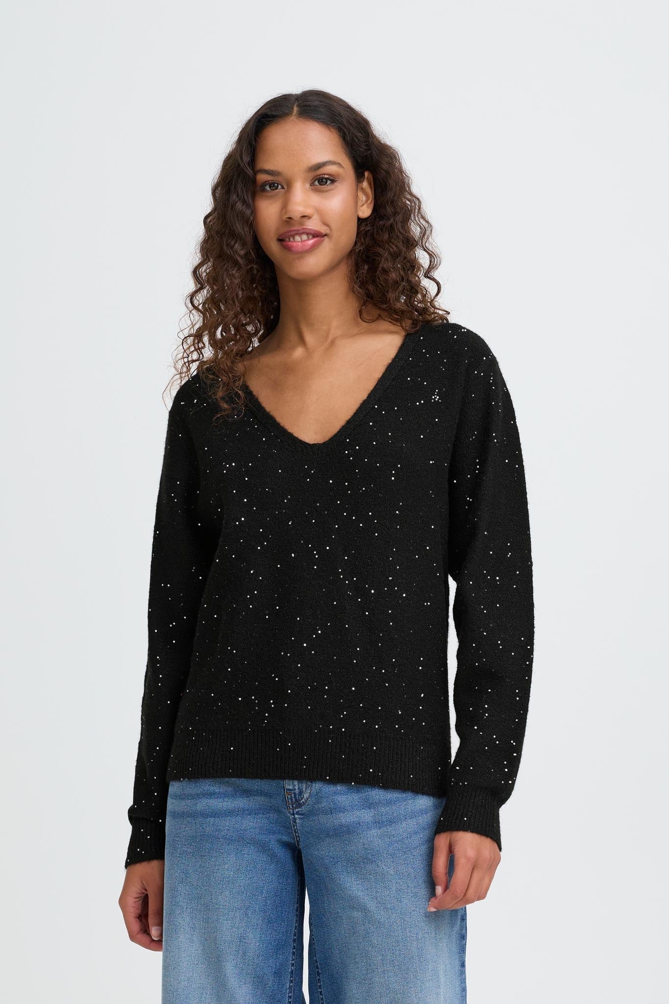 Schwarzer Glitzerpullover mit V - Ausschnitt - Blossom Hair & Fashion