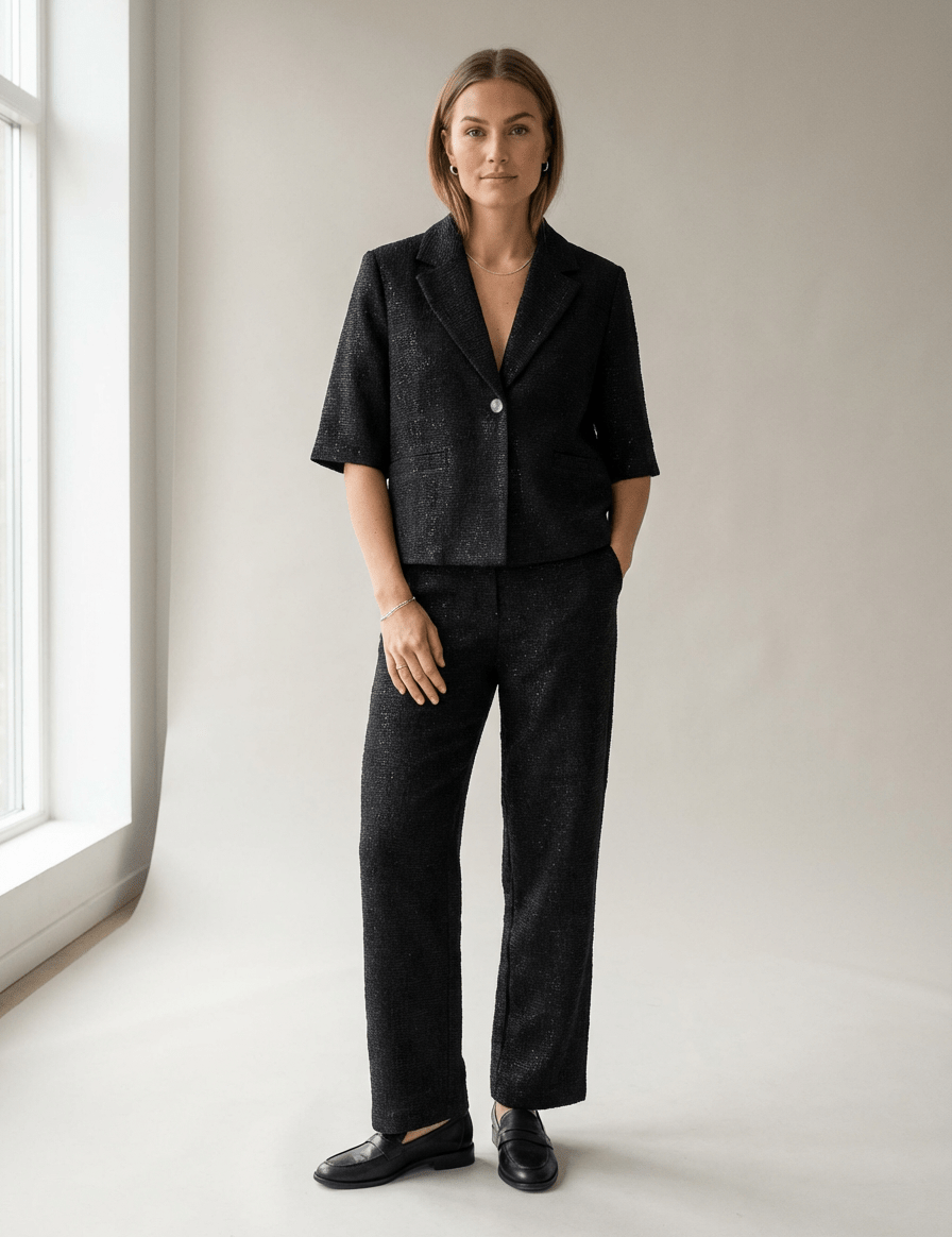 Schwarzer Kurzblazer mit Glanzstruktur - Blossom Hair & Fashion