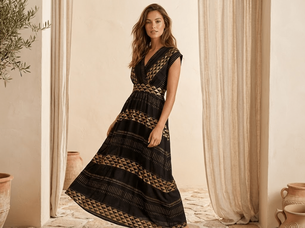 Schwarzes Midi Kleid mit grafischem Muster - Blossom Hair & Fashion