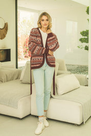 Strickjacke Damen mit Bindegürtel im Jacquardmuster - Blossom Hair & Fashion