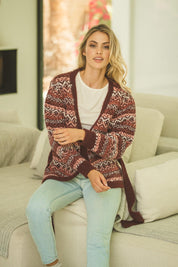 Strickjacke Damen mit Bindegürtel im Jacquardmuster - Blossom Hair & Fashion