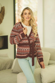 Strickjacke Damen mit Bindegürtel im Jacquardmuster - Blossom Hair & Fashion