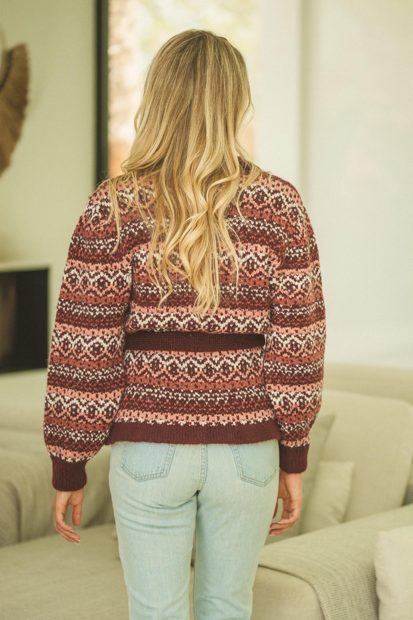 Strickjacke Damen mit Bindegürtel im Jacquardmuster - Blossom Hair & Fashion