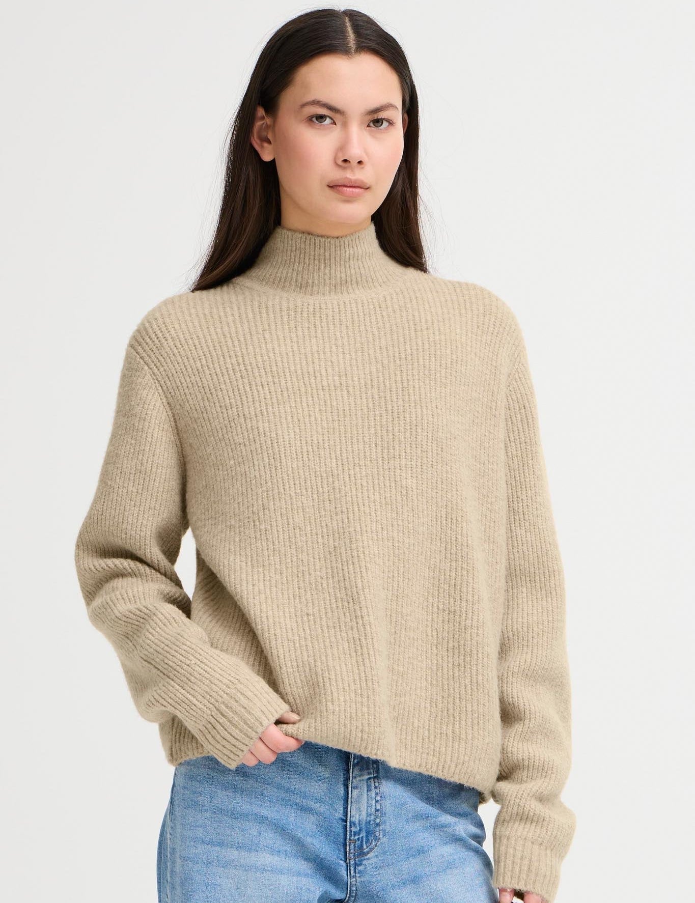 Strickpullover langarm mit Rückendetail in Beige - Blossom Hair & Fashion