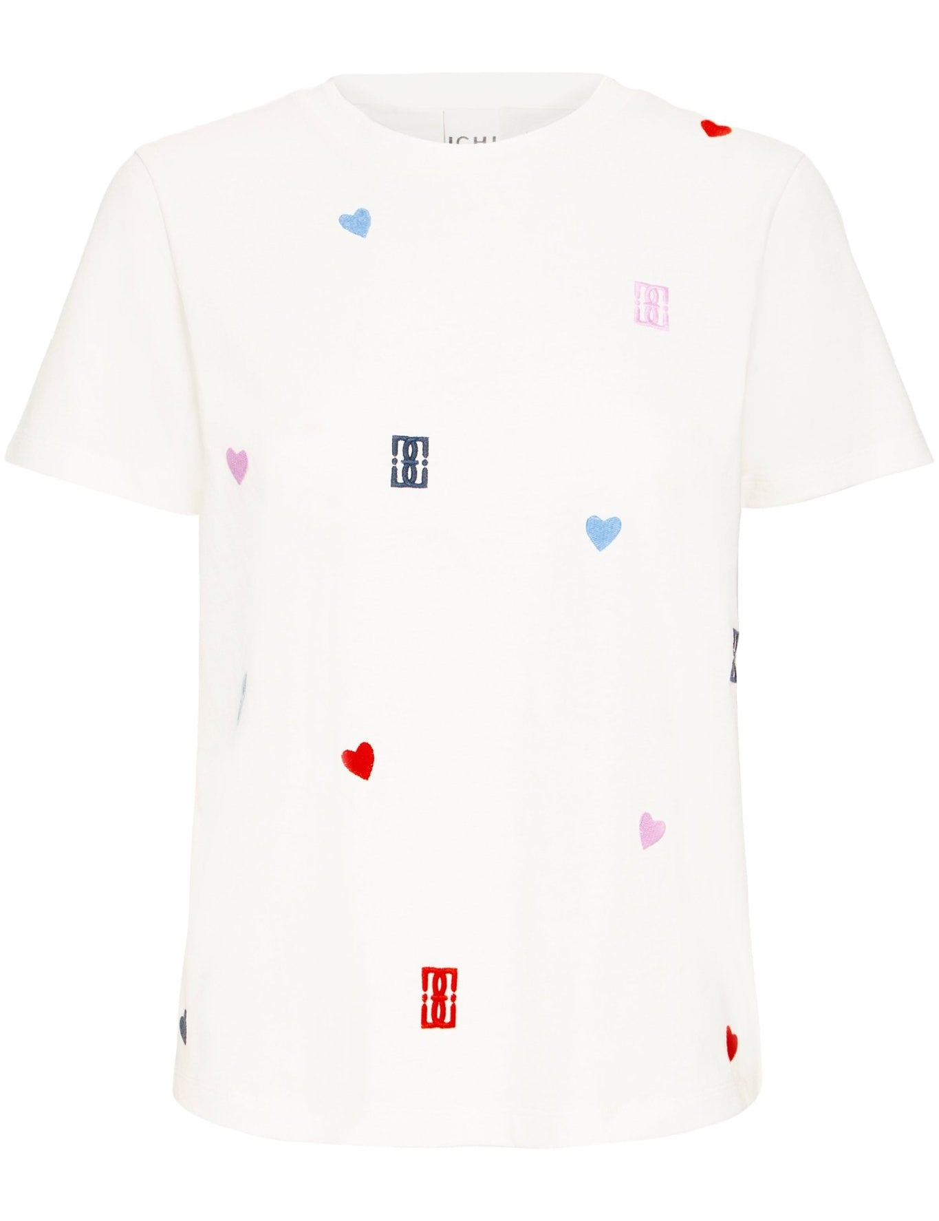 Weißes T Shirt mit bunter Stickerei und Herzmotiven - Blossom Hair & Fashion