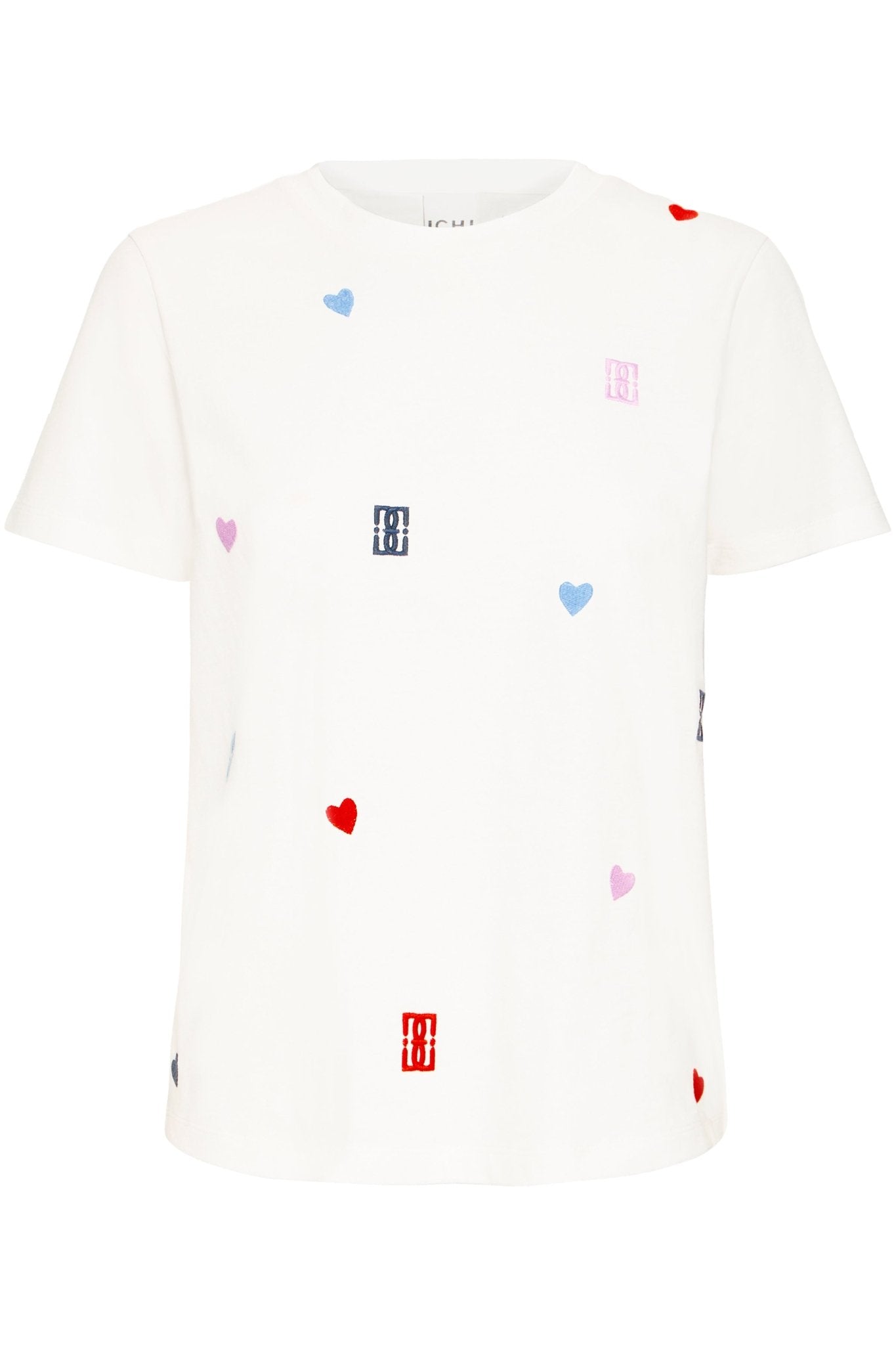 Weißes T Shirt mit bunter Stickerei und Herzmotiven - Blossom Hair & Fashion